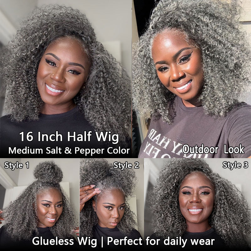 Soul lady wigs | Medium Salt And Pepper Afro Curly Human Hair 3 In 1 Half Wig Ready To Go Wig For Older Women and stylish women with less gray hair- model mssilverqueen-3 hairstyles view