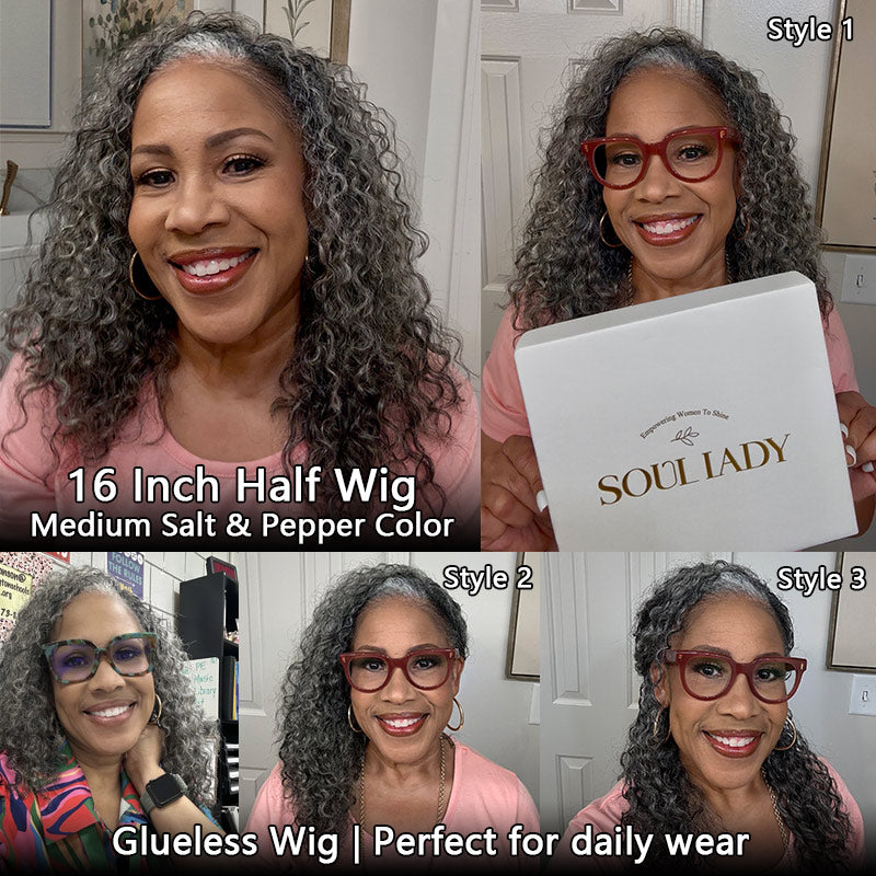 Soul lady wigs | Medium Salt And Pepper Afro Curly Human Hair 3 In 1 Half Wig Ready To Go Wig For Older Women and stylish women with less gray hair- model chelle in different hairstyles
