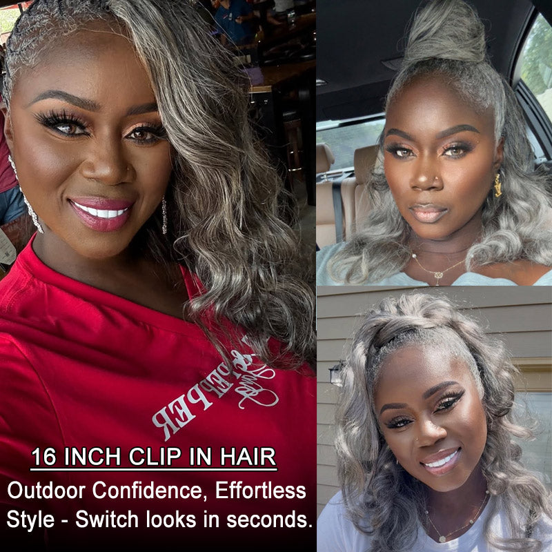 Soul lady wigs | Silver Gray Human Hair Body Wave Hair Clip In Hair Extensions 6 Pieces/Set- salt and pepper color hair for thin hair- model mssilverqueen- 16 inch clip in hairs
