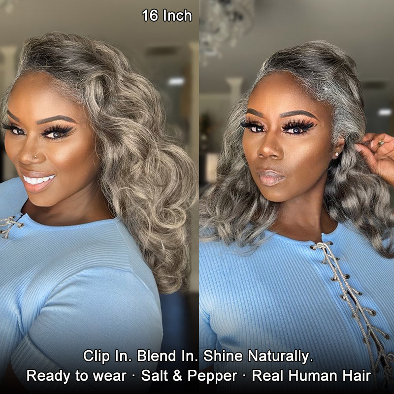Soul lady wigs | Silver Gray Human Hair Body Wave Hair Clip In Hair Extensions 6 Pieces/Set- salt and pepper color hair for thin hair- model mssilverqueen. instant 16 inch gray wig for mature women