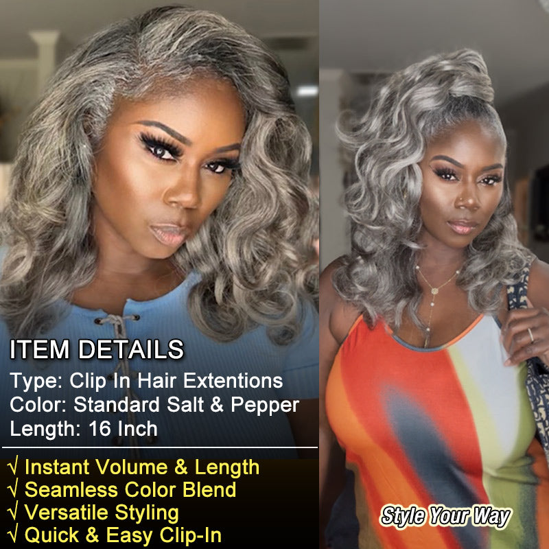 Soul lady salt and pepepr wigs Silver Gray Human Hair Body Wave Hair Clip In Hair Extensions 6 Pieces/Set-model mssilverqueen