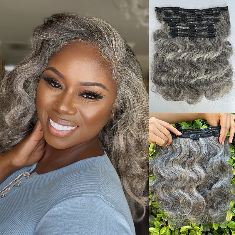 Silver Gray Human Hair Body Wave Clip in Hair Extensions Salt and Silver Gray Human Hair Body Wave Clip in Hair Extensions Salt and