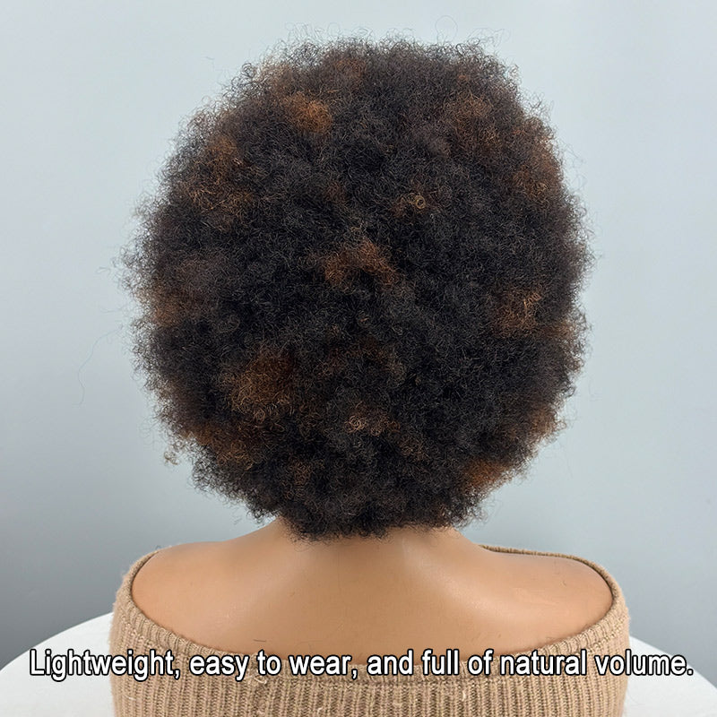 Short Glueless Afro 4C Curls Human Hair Wig – P1B/30 Caramel Brown Highlights, Wear and Go Breathable Full Wig for black women-back show