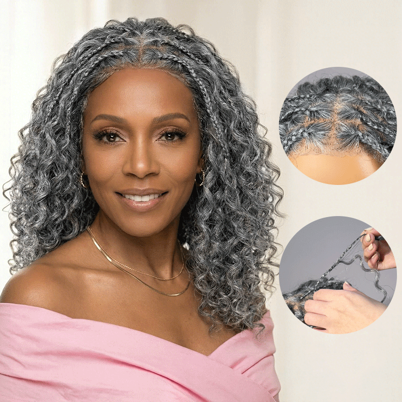 Soul Lady Wigs Boho braided curly salt and pepper human hair wig with a glueless 5x5 lace closure, front-view, natural-looking hairline.