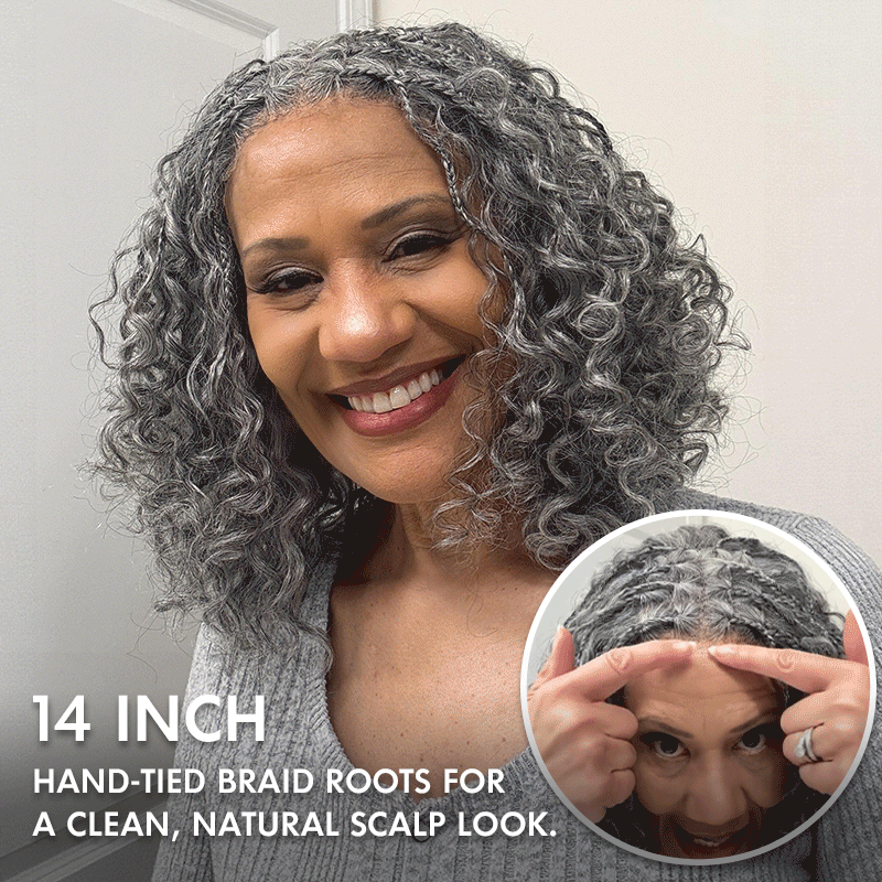 Soul Lady Wigs - Laura | Boho Braided Curly Human Hair Salt And Pepper Wig Glueless 5x5 Lace Closure Wig with Braided Top, Real human hair with boho braids & bouncy curls — a natural salt & pepper look from every angle. Model-MyMatureStyle