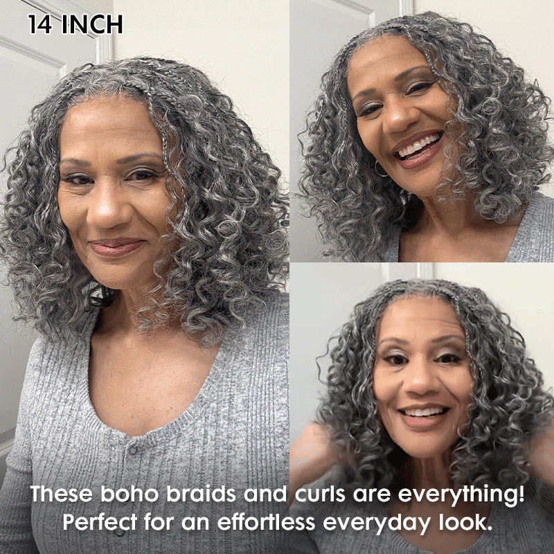 Soul Lady Wigs - Laura | Boho Braided Curly Human Hair Salt And Pepper Wig Glueless 5x5 Lace Closure Wig with Braided Top, Real human hair with boho braids & bouncy curls — a natural salt & pepper look from every angle. Model-MyMatureStyle- 14 inch wig view