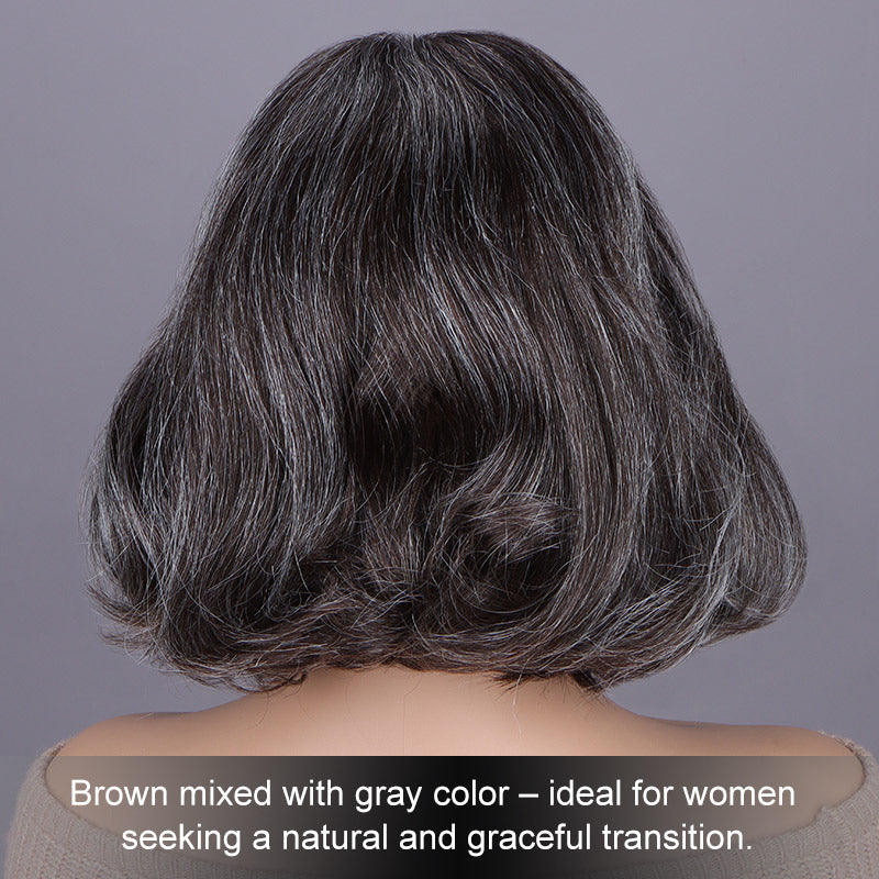 Soul lady Brown & Gray Blend Wigs | Natural Wavy Bob Salt and Pepper Human Hair Glueless Lace Wigs for Women-Elegant Brown Gray Mix wig- brown mix with gray hair/ brown and gray hair