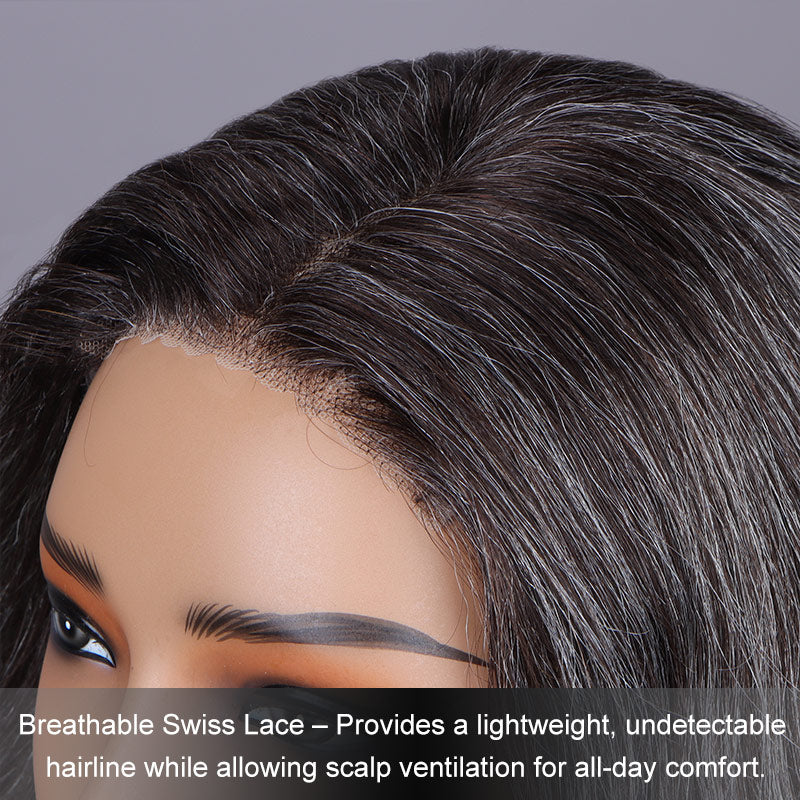 Soul lady Brown & Gray Blend Wigs | Natural Wavy Bob Salt and Pepper Human Hair Glueless Lace Wigs for Women-Natural Dark Brown with Silver Touch- brown mix with gray hair/ brown and gray hair