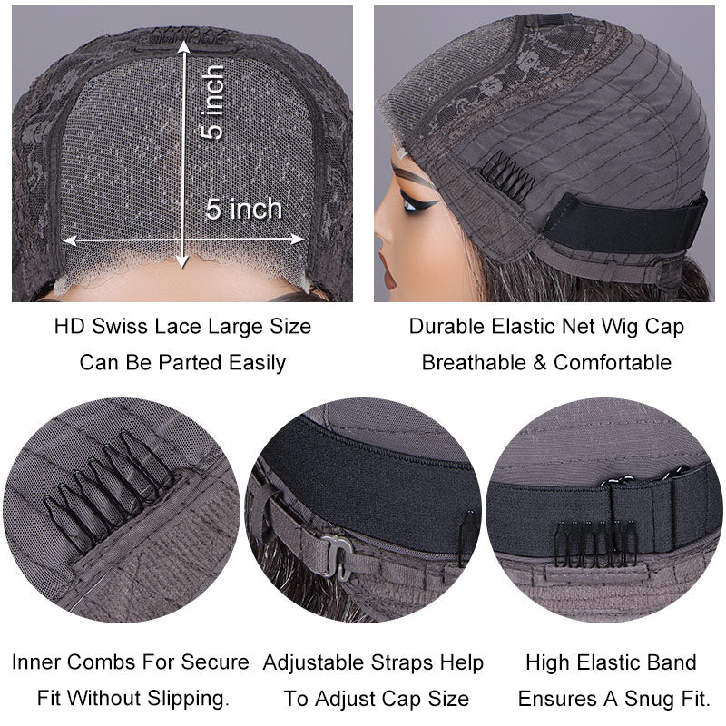 Soul lady Brown & Gray Blend Wigs | Natural Wavy Bob Salt and Pepper Human Hair Glueless Lace Wigs for Women-Natural Dark Brown with Silver Touch-cap details- brown mix with gray hair/ brown and gray hair