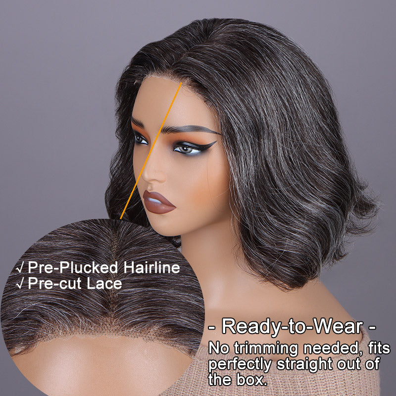 Soul lady Brown & Gray Blend Wigs | Natural Wavy Bob Salt and Pepper Human Hair Glueless Lace Wigs for Women-salted brown wig- brown mix with gray hair/ brown and gray hair