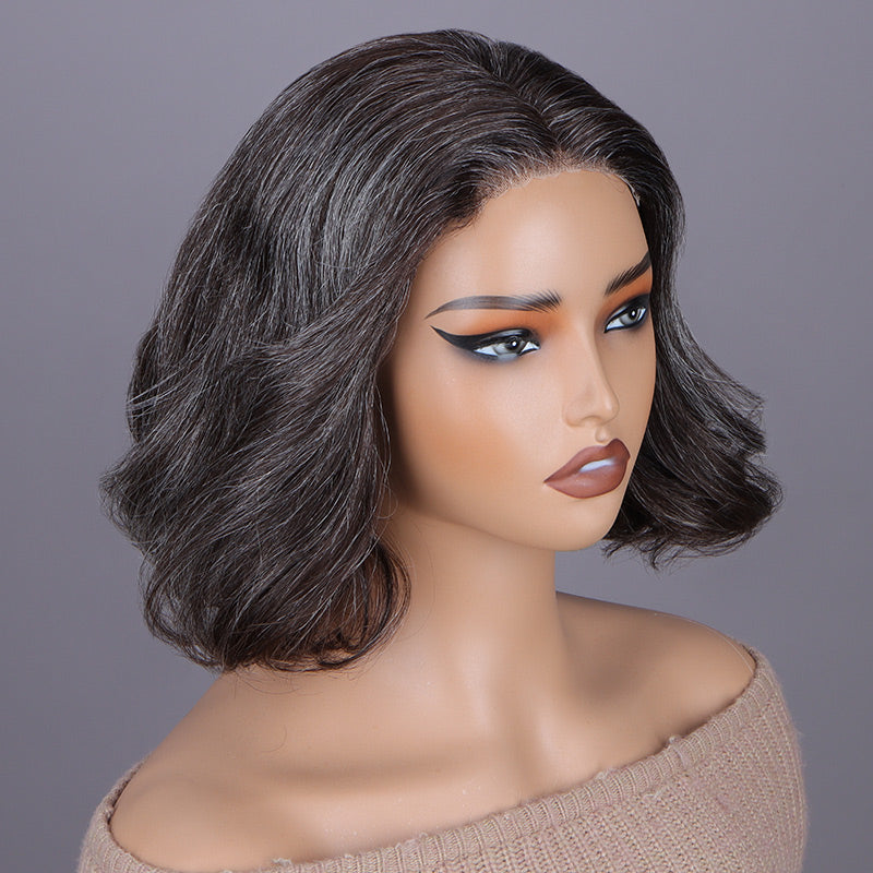 Soul lady Brown & Gray Blend Wigs | Natural Wavy Bob Salt and Pepper Human Hair Glueless Lace Wigs for Women
