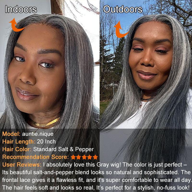 Soul lady Silver Luxe Gray 13x4.5 HD Lace Full Frontal Wig Straight Human Hair Salt And Pepper Wig For Women-model auntie-nique feedback