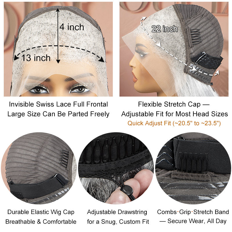 Soul lady wigs - Silver Luxe Gray 13x4 HD Lace Full Frontal Wig Straight Human Hair Salt And Pepper Wig For Women-glueless-stretch-cap-details
