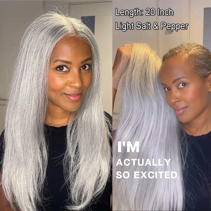 Soul lady wigs - Silver Luxe Gray 13x4 HD Lace Full Frontal Wig Straight Human Hair Salt And Pepper Wig For Women-greyareabybecca-model-HD image