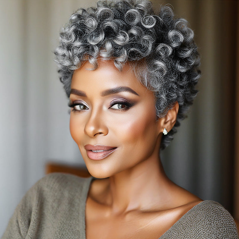 Soul Lady Ready to Wear | Medium Salt & Pepper Curly Pixie Wig – Real Human Hair Glueless Wig For Black Women over 50 | gray wig for seniors-model