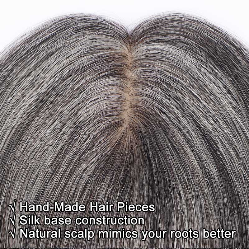 Soul lady wigs Real Scalp Silver Grey Human Hair Piece For Older Women  Salt And Pepper 5"x3" Silk Base Hair Topper for Thinning Hair-lace part show