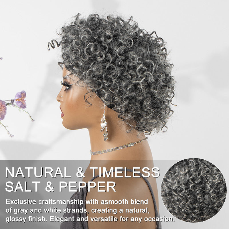 Serena | Salt And Pepper Afro Kinky Curly Human Hair Glueless Headband Wig- soul lady gray wig for older women over 60-real wig side show