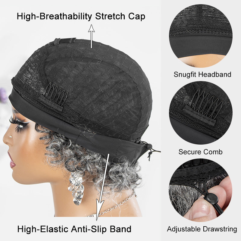 Serena | Salt And Pepper Afro Kinky Curly Human Hair Glueless Headband Wig- soul lady gray wig for older women over 60-real wig cap details show