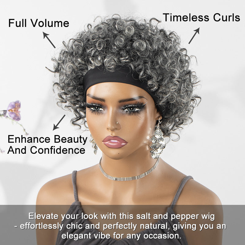 Serena | Salt And Pepper Afro Kinky Curly Human Hair Glueless Headband Wig- soul lady gray wig for older women over 60-real wig front show