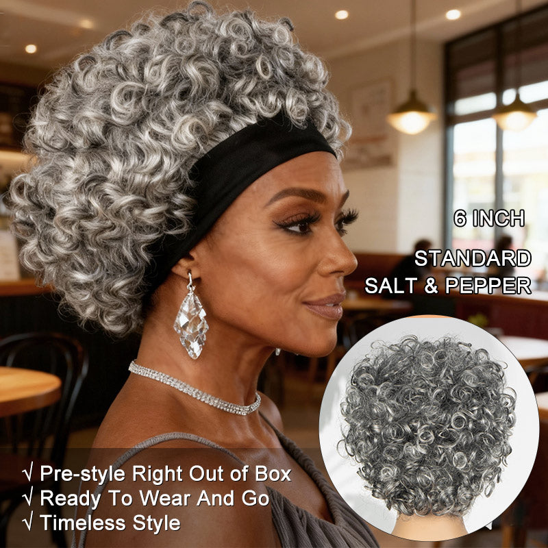 Serena | Salt And Pepper Afro Kinky Curly Human Hair Glueless Headband Wig- soul lady gray wig for older women over 60-real wig front show