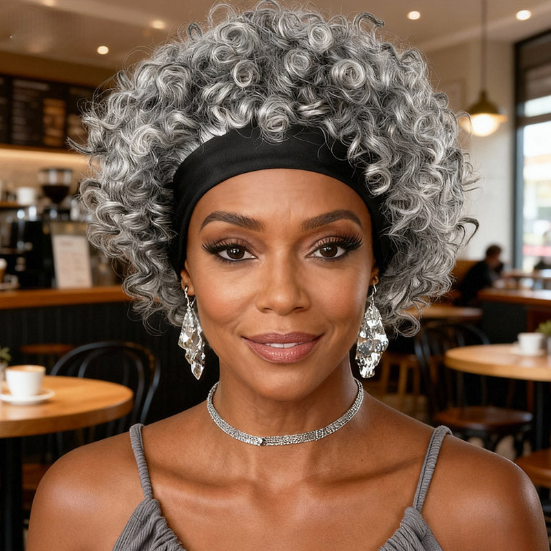Serena | Salt And Pepper Afro Kinky Curly Human Hair Glueless Headband Wig- soul lady gray wig for older women over 60-real wig front model show