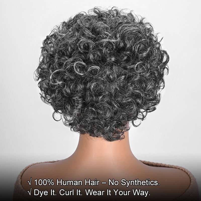 Soul Lady Ready to Wear wig | Medium Salt & Pepper Curly Pixie Wig – Real Human Hair Glueless Wig for black women over 50-back of the wig