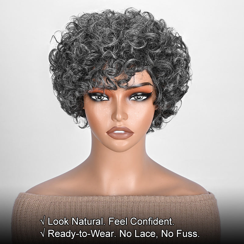 Soul Lady Ready to Wear wig | Medium Salt & Pepper Curly Pixie Wig – Real Human Hair Glueless Wig for black women over 50