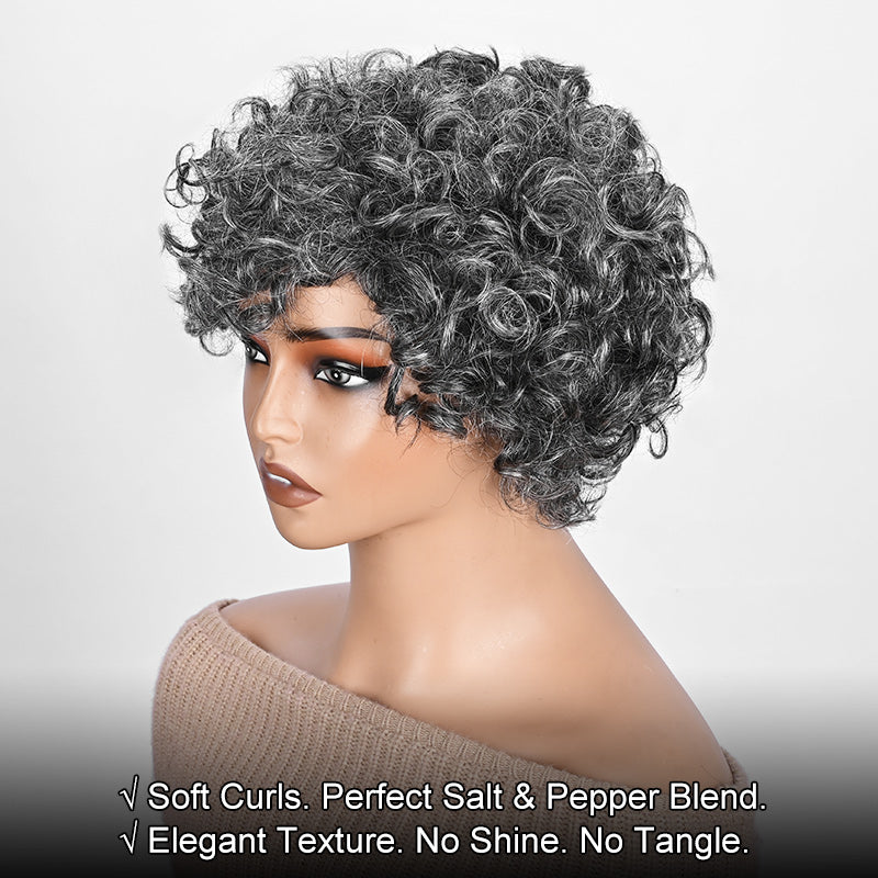 Soul Lady Ready to Wear wig | Medium Salt & Pepper Curly Pixie Wig – Real Human Hair Glueless Wig for black women over 50-side fromt of image