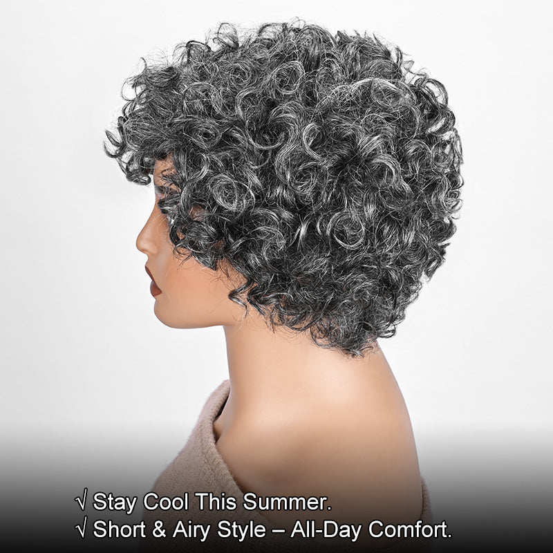 Medium Salt and Pepper Curly Wig Short Pixie Human Hair Wigs  display picture 3