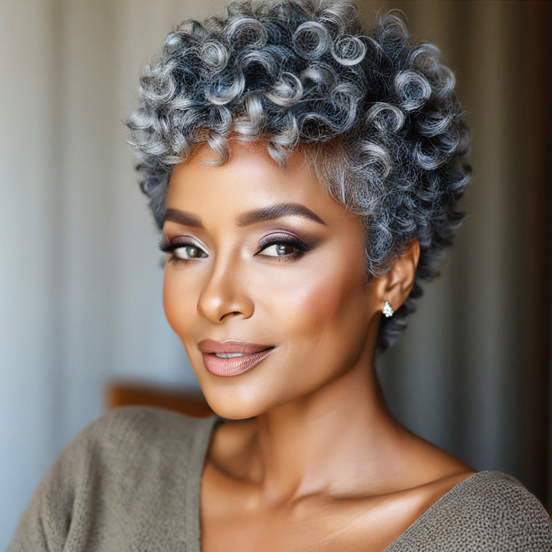 Soul Lady Ready to Wear | Medium Salt & Pepper Curly Pixie Wig – Real Human Hair Glueless Wig For Black Women over 50 | gray wig for seniors
