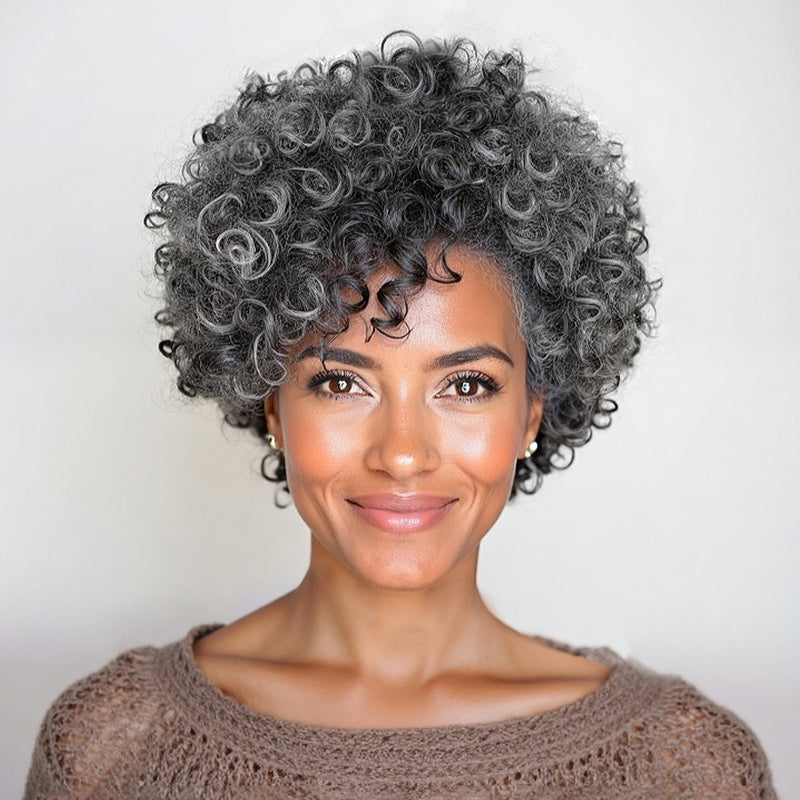 Jill | Medium Salt & Pepper Curly Pixie Wig - Real Human Hair Ready to Wear Glueless Wig