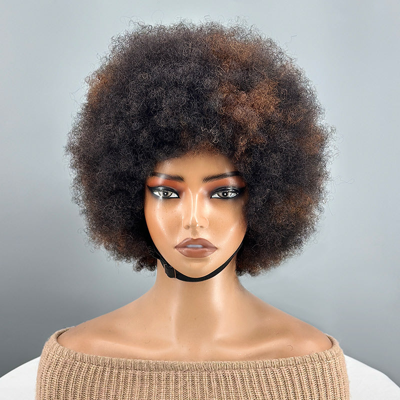 Short Glueless Afro 4C Curls Human Hair Wig – P1B/30 Caramel Brown Highlights, Wear and Go Breathable Full Wig for black women- Soul lady wigs