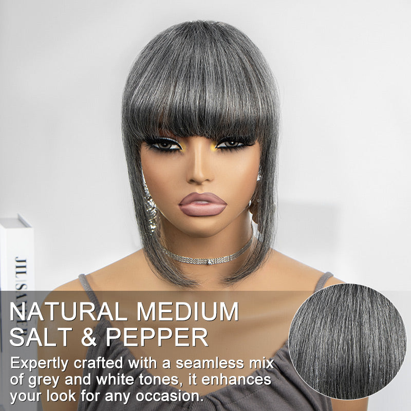 Soul Lady Wigs medium salt and pepper clip-in hairpiece with full bangs and face-framing pieces, close-up showing natural hair texture, balanced color blend.
