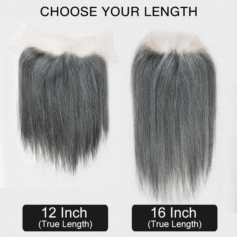 Close-up detail view of the Soul Lady Wigs standard salt and pepper 13x6 large lace frontal hair topper piece, showing the natural lace base, realistic scalp parting, and blended grey and black strands.