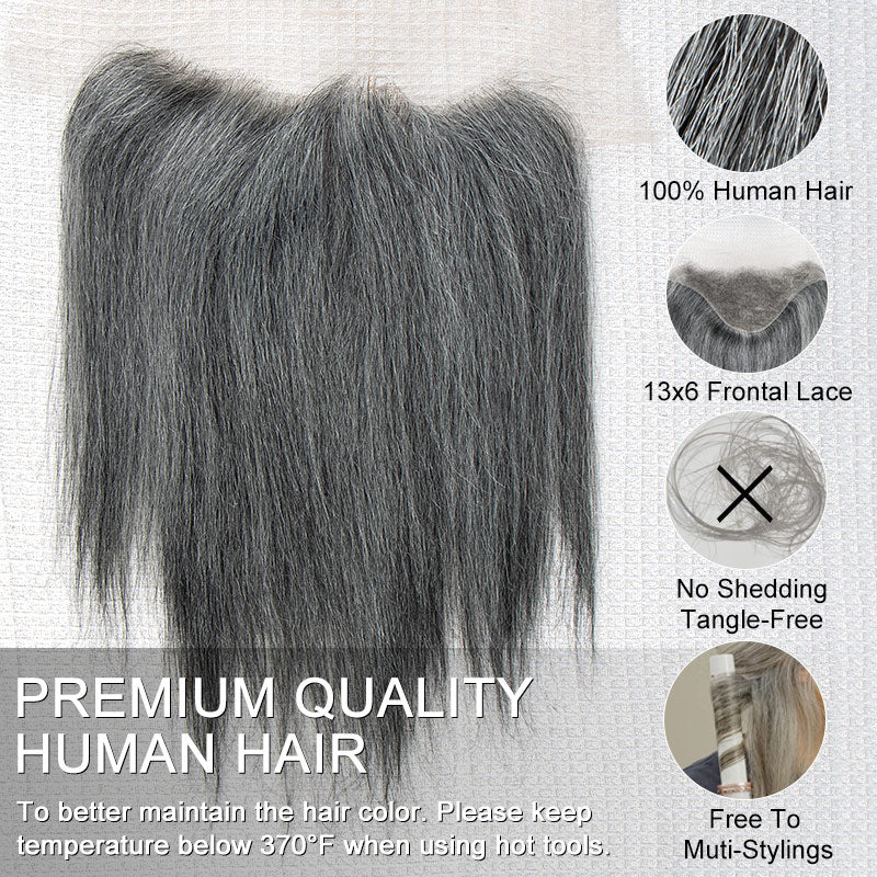 Soul Lady wigs store offer 13x6 Invisible Swiss Lace Full Frontal Salt and Pepper Human Hair Topper for Women-frontal details