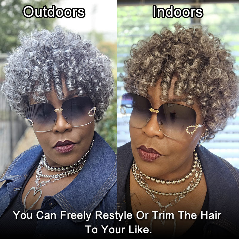 Soul lady gray wig | Ready to Wear Glueless Human Hair Wig – Salt & Pepper Short Spiral Curly Wig for Women-model MsDorciah