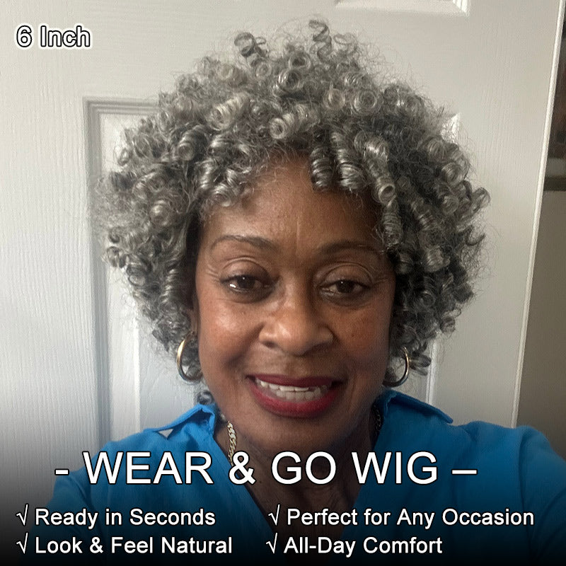 Soul lady gray wig | Ready to Wear Glueless Human Hair Wig – Salt & Pepper Short Spiral Curly Wig for Women-model 