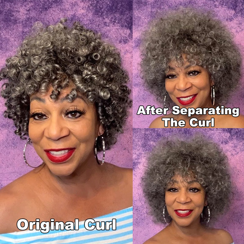 Soul Lady Glueless Human Hair Wig – Short Spiral Curls in Salt & Pepper for Mature Women | Ready to Wear gray wig for  older women over 50 year old- Magdaline-1ONLY