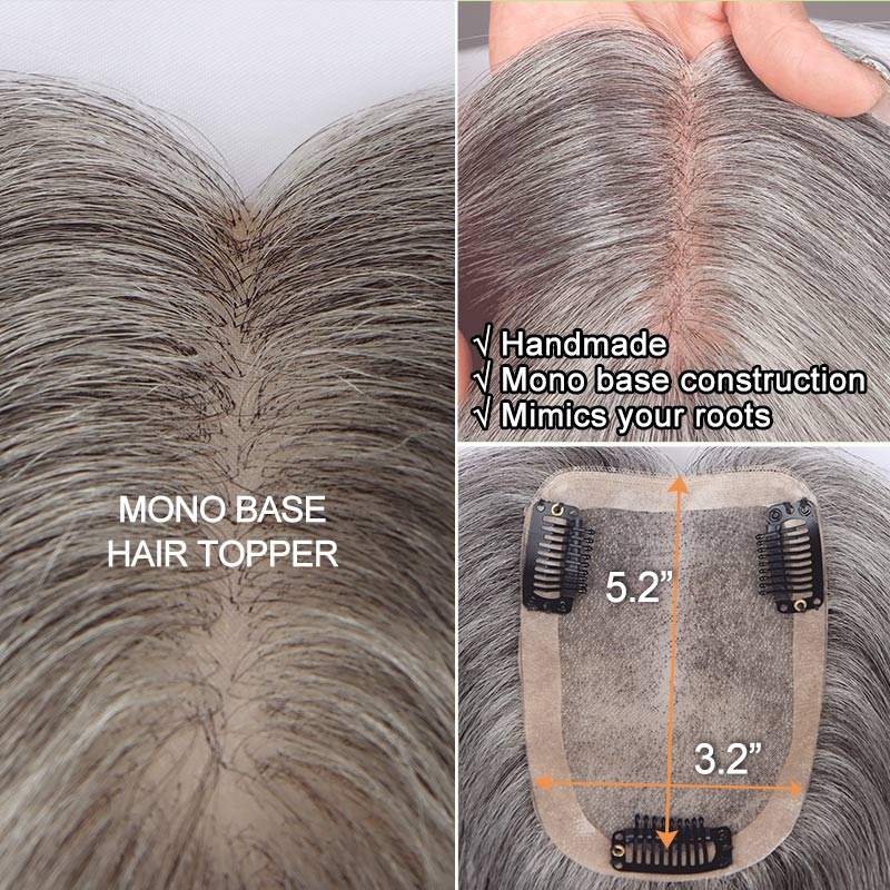 Standard Salt And Pepper Human Hair Toppers For Women 5"x3" Mono Base Silver Gray Hairpieces For Thinning Hair-details