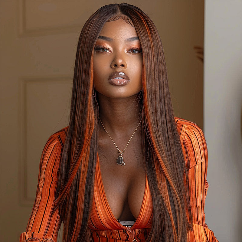 Long Straight Brown with Copper Streaks Skin Top Wig Amazon.com : Highlight Ombre Copper Colored Loose Wavy Curly  main image 2