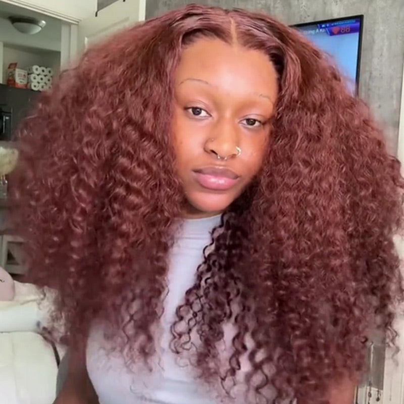 Soul Lady Reddish Brown Jerry Curly Wig 5X5 HD Lace Mid Part  display picture 3