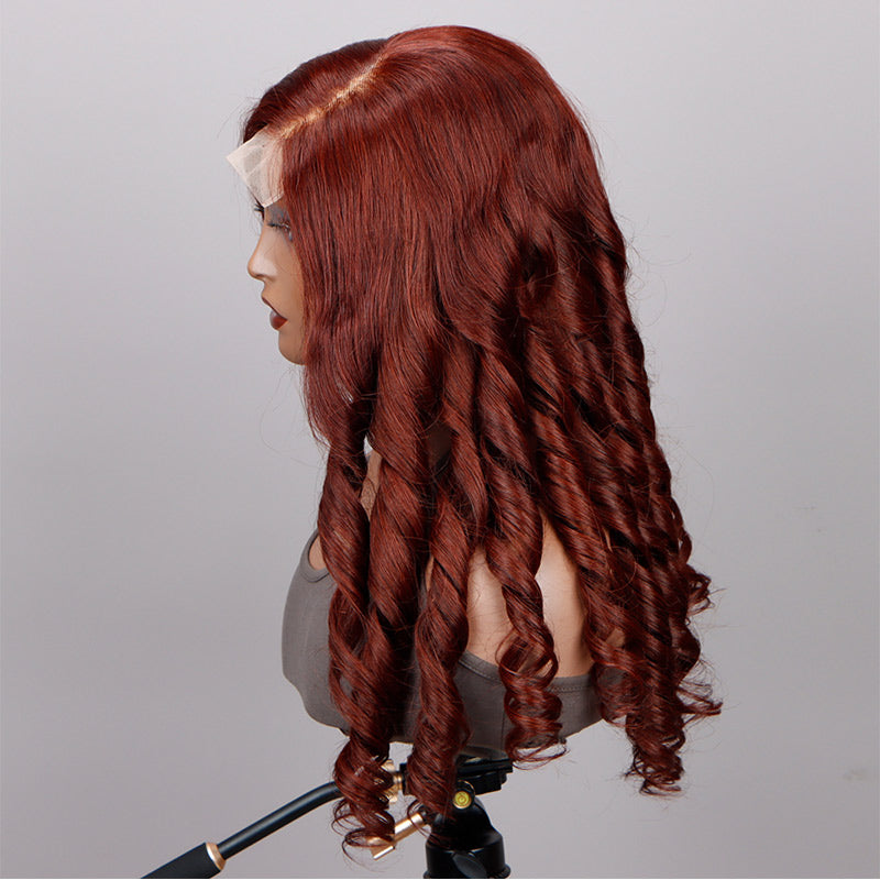 Soul Lady Reddish Brown Bouncy Loose Wave Long Wigs 5X5 HD Lace C Part Human Hair Wigs-side show