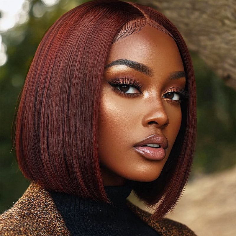 Soul Lady Reddish Brown Silky Straight Bob 5x5 HD Lace Closure Wigs Mid Part Lob Wig Human Hair