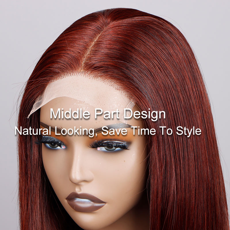 Soul Lady Reddish Brown Silky Straight Bob 5x5 HD Lace Closure Wigs Mid Part Lob Wig 100% Human Hair-middle part show