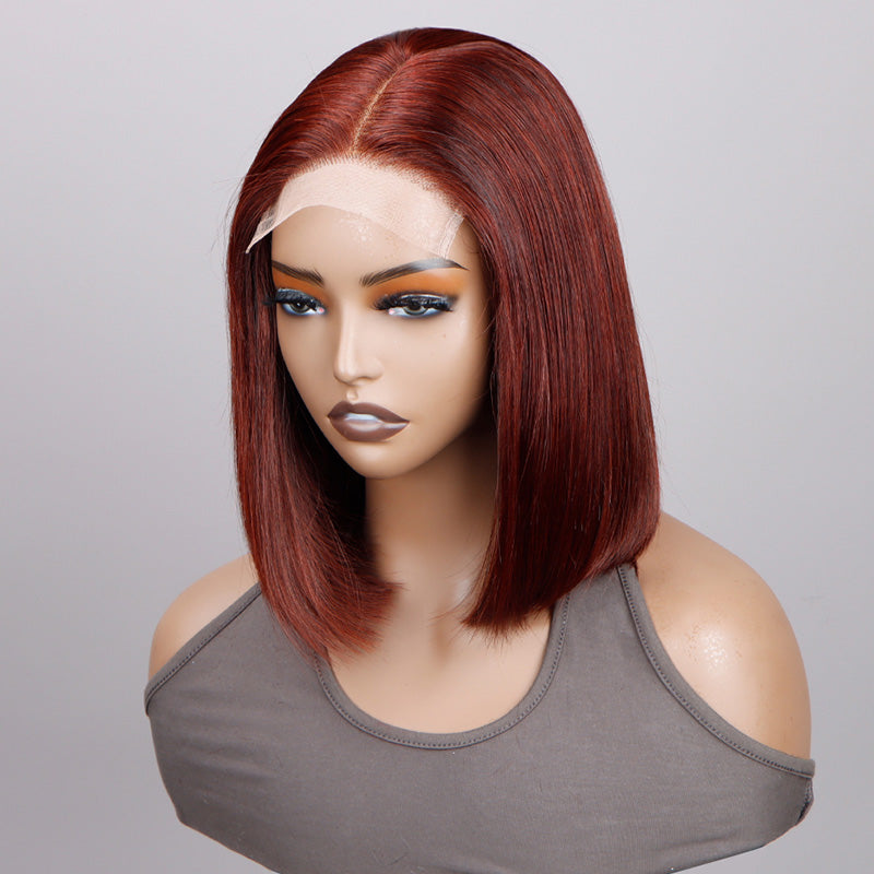 Soul Lady Reddish Brown Silky Straight Bob 5x5 HD Lace Closure Wigs Mid Part Lob Wig 100% Human Hair-side show