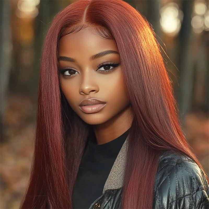 Soul Lady Reddish Brown Ultra Silky Straight 5x5 HD Lace Closure Human Hair Wigs Mid Part Long Wig- model