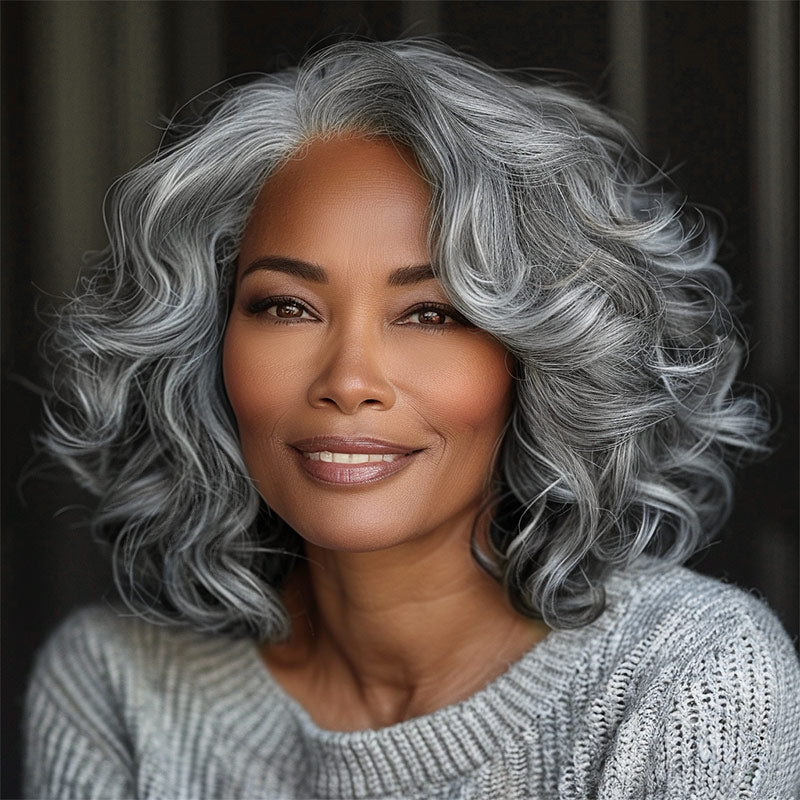 Soul Lady Silver Fox Loose Wave Bob Salt & Pepper Human Hair 4x4 Lace Wigs For Women Over 60