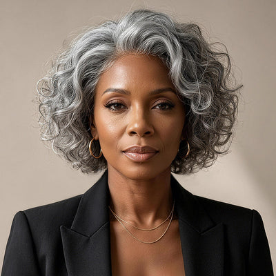 Soul Lady Custom Short Salt And Pepper Wig For Older Women over 50 | Wear To Go Glueless Human Hair  gray Bob loose curly Wigs For Seniors
