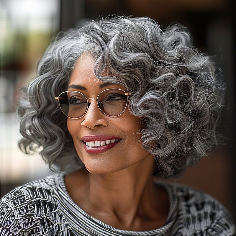 Silver Gray Big Loose Curly Wig For Seniors Salt & Pepper Human Hair Custom Bob Wigs For Women Over 60