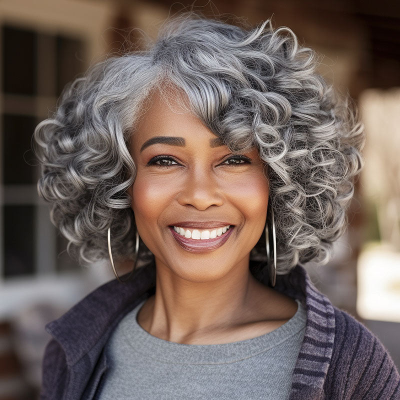 Salt N Pepper Seniors Bob Wig Big Bouncy Curly Silver Grey Human Hair ...